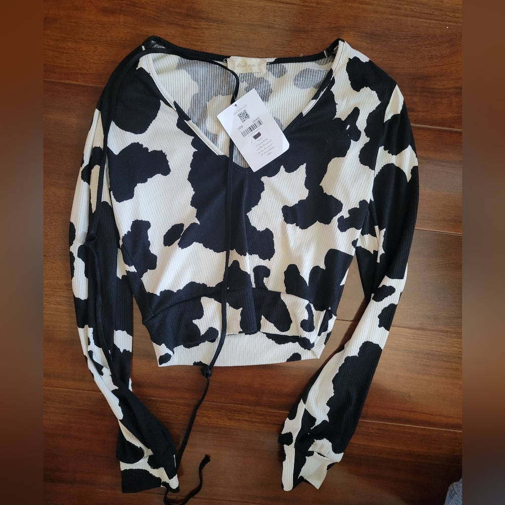 Ivory Black Cow Print Ribbed Crop Top Alter’d State Size S NWT Tie Front Western - Picture 3 of 5